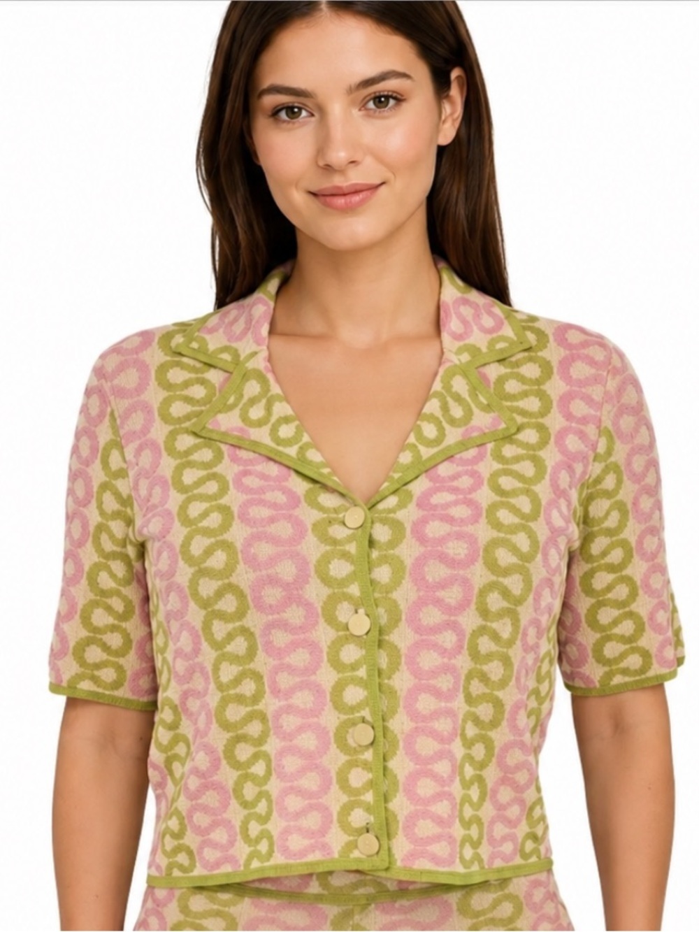 House of Harlow 1960 Retro Mod Knit Top Pink Green Button Front Small NWOT!
